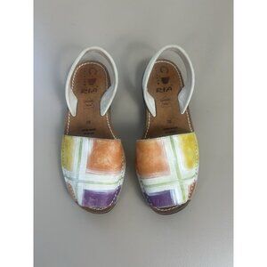 RIA MENORCA Sz 38/7 Cream Orange Green Leather Slip On Peep Toe Shoe Sandals